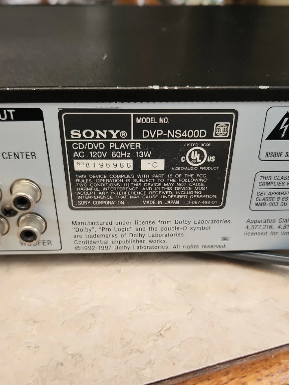 Sony Black DVD/CD Player DVP-NS400D Turns On But Unable To Test